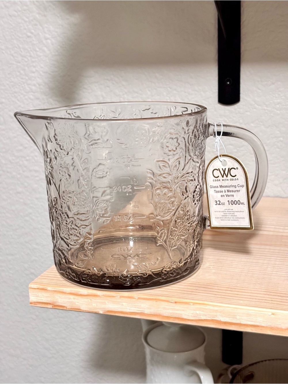 CWC Cook With Color Glass Measuring Cup 32oz ~ 4 Cups Clear Brown Floral NEW